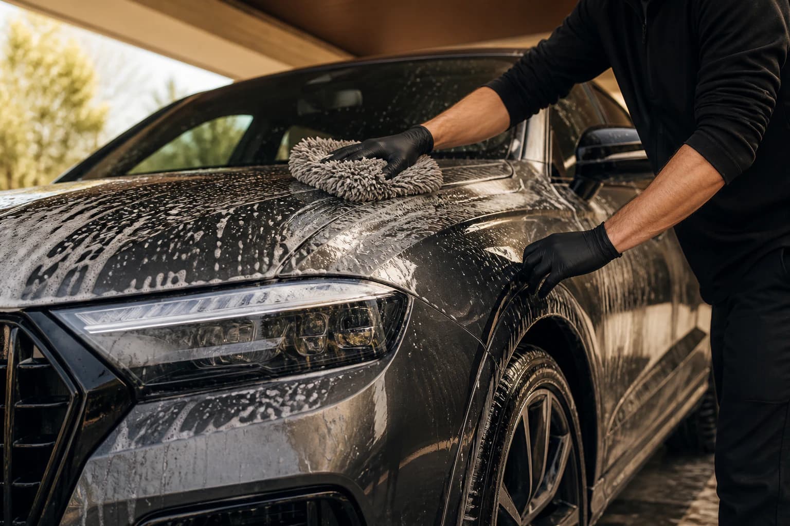 Detailer hand washing a graphite premium SUV