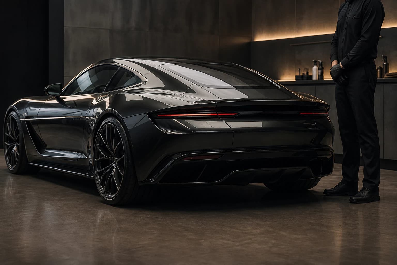 High-value grand tourer receiving discreet care in a private atelier