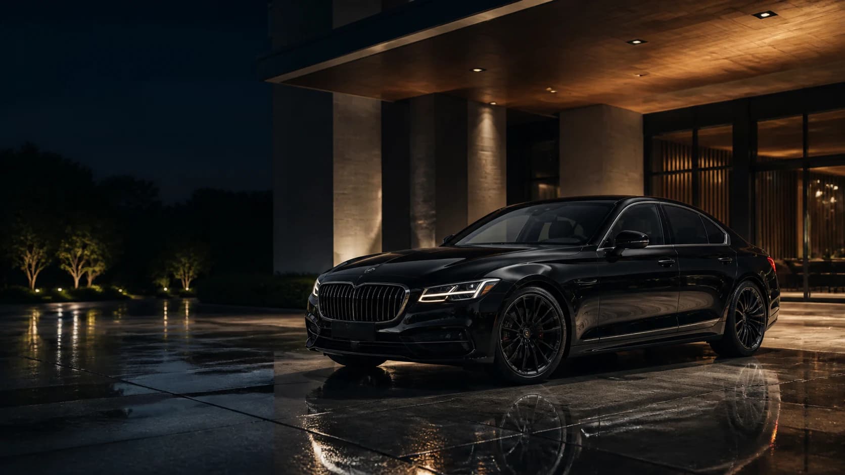 Freshly finished black luxury sedan beneath a modern porte-cochère