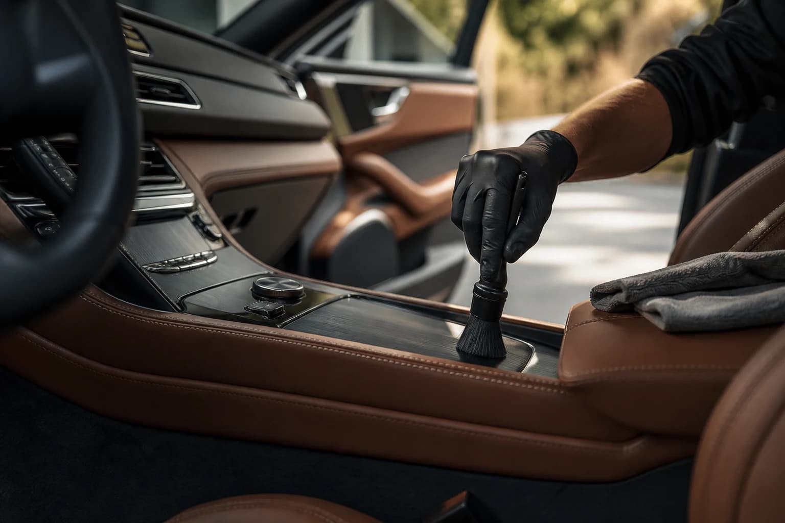 Professional detailer carefully cleaning a premium leather interior